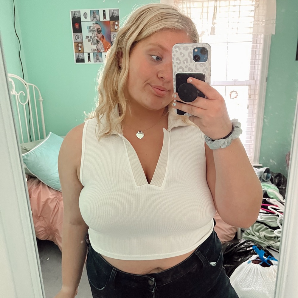 One by One White Collared Cropped Tank Top